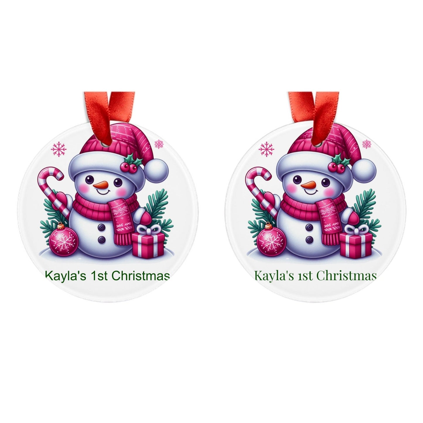 Customized Acrylic Ornament with Ribbon - Pink Snowman