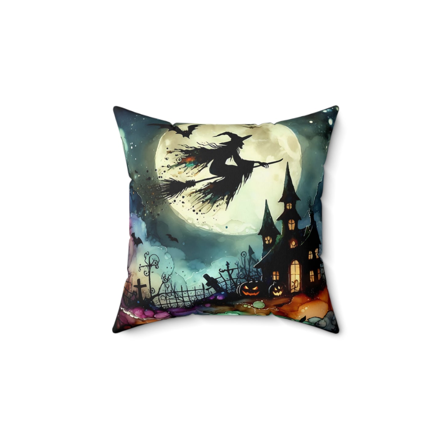 Halloween - Spun Polyester Square Pillow - Witch In A Full Moon