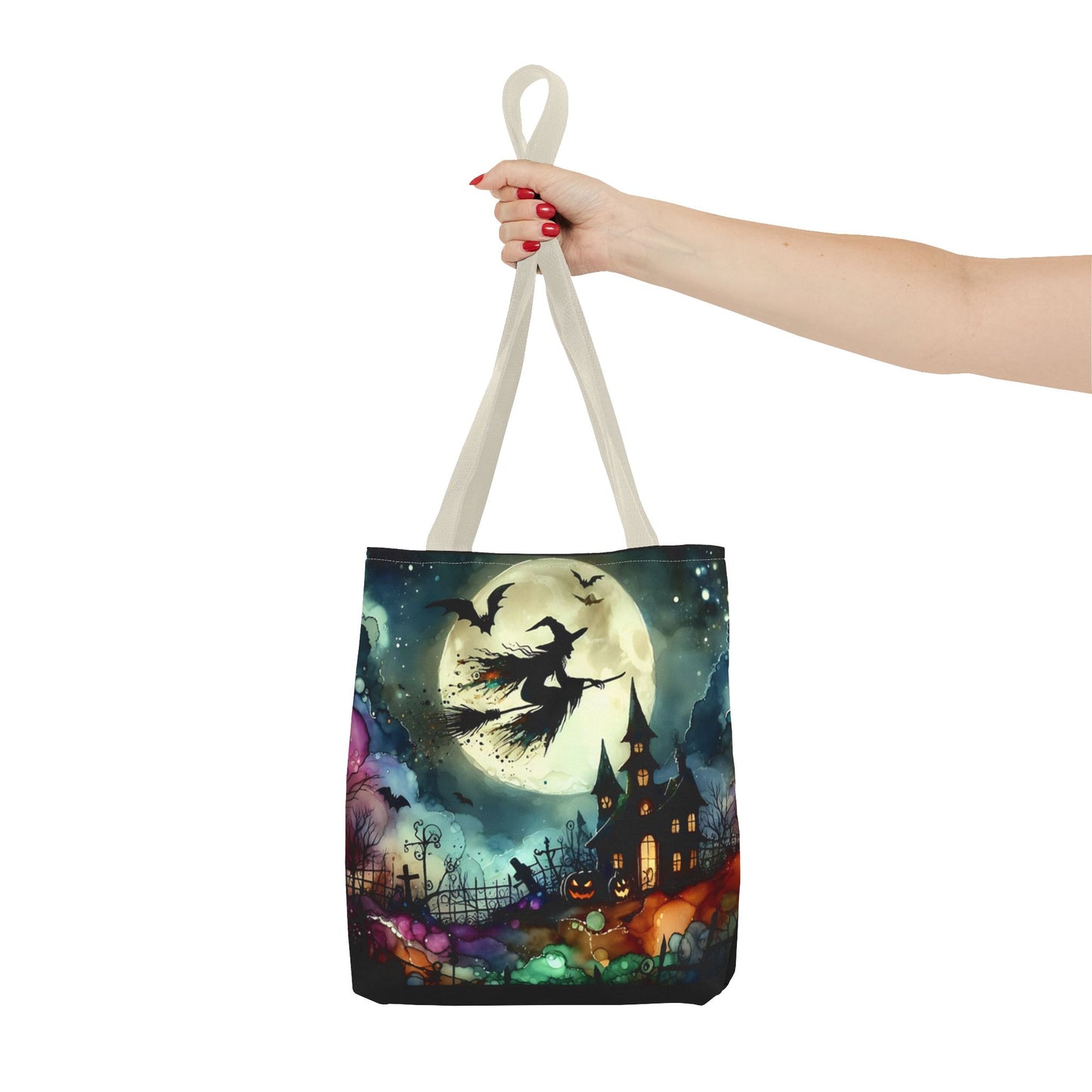 Halloween - Tote Bag (AOP) - Witch In A Full Moon - Black