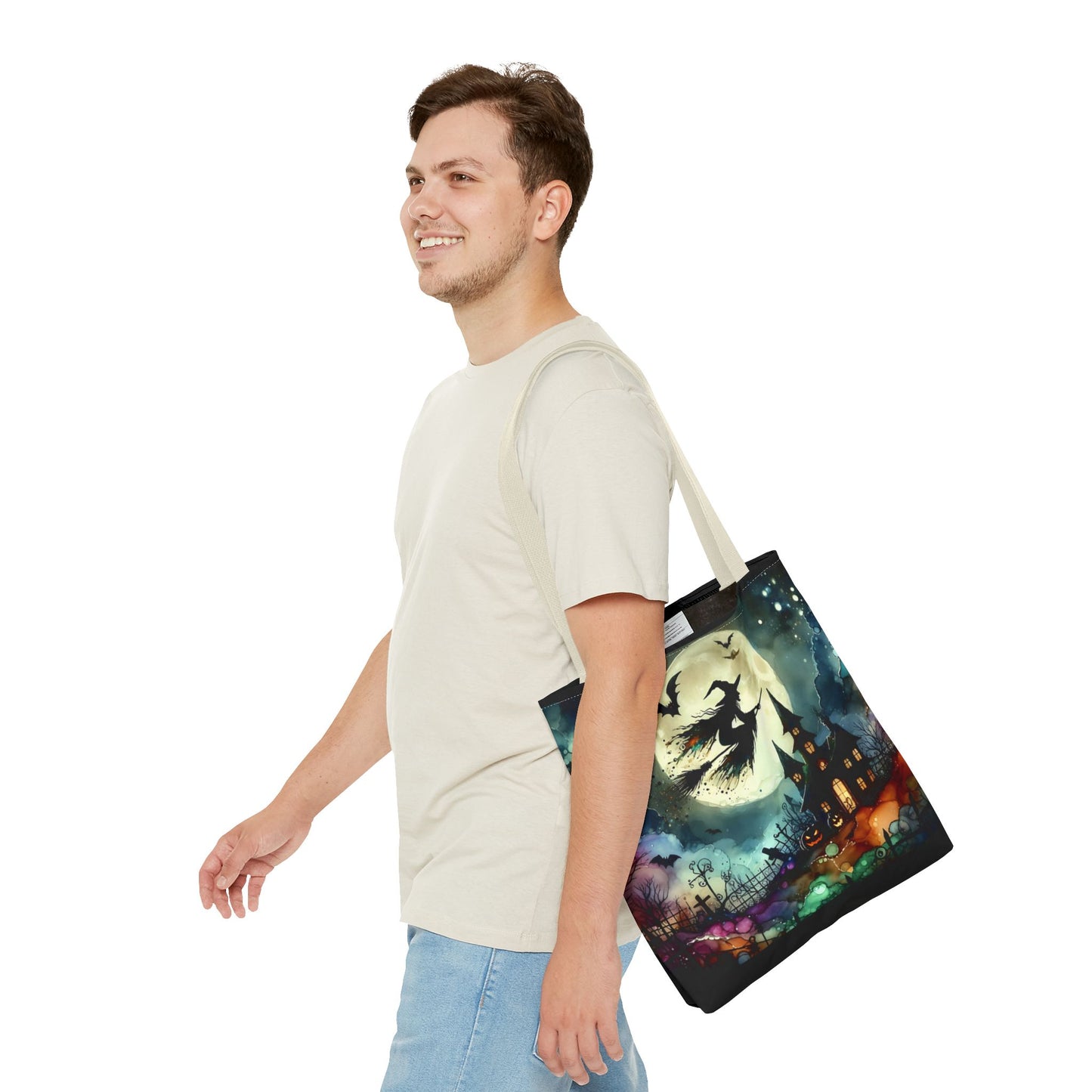 Halloween - Tote Bag (AOP) - Witch In A Full Moon - Black