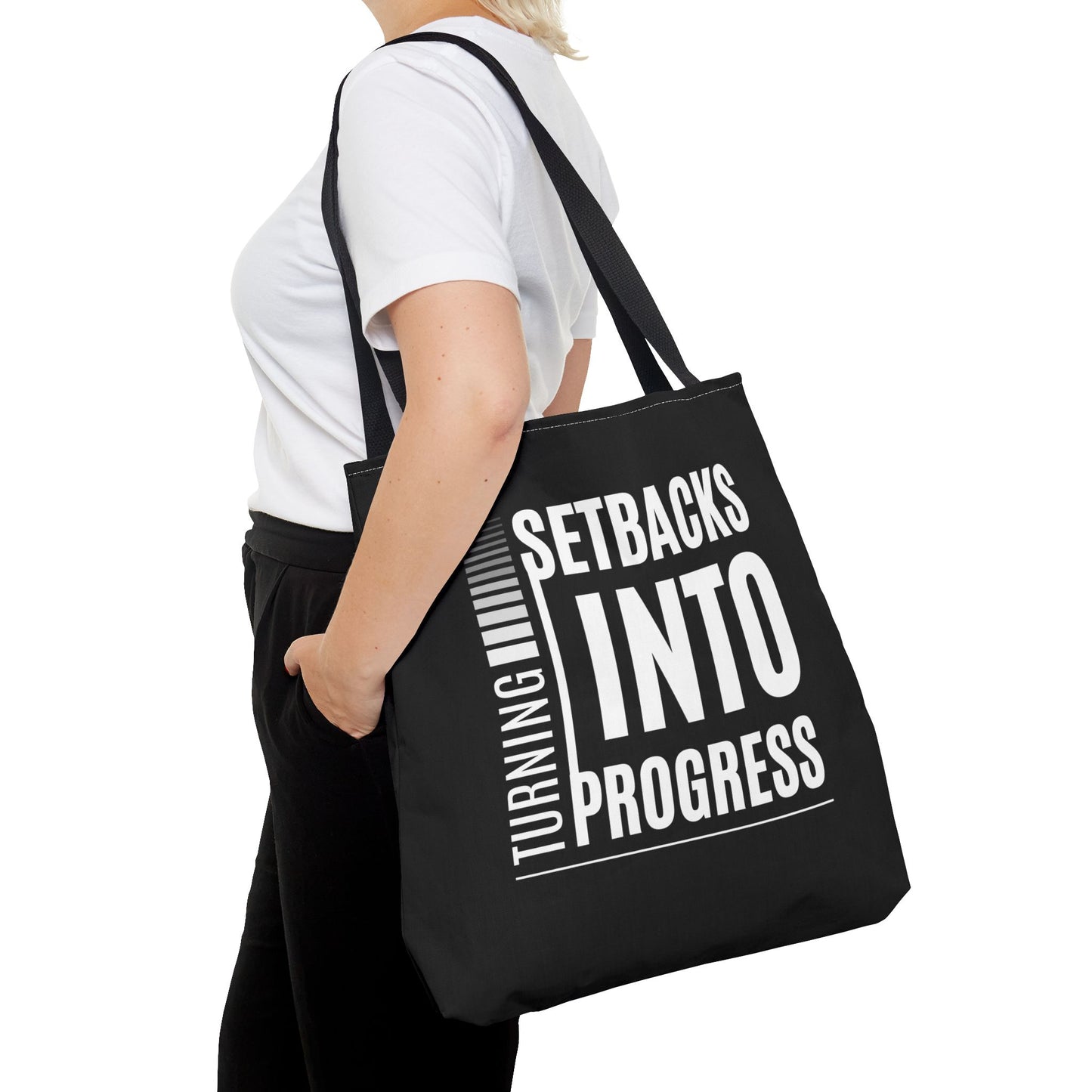 Tote Bag (AOP) - Turning Set Backs Into Progress - Black