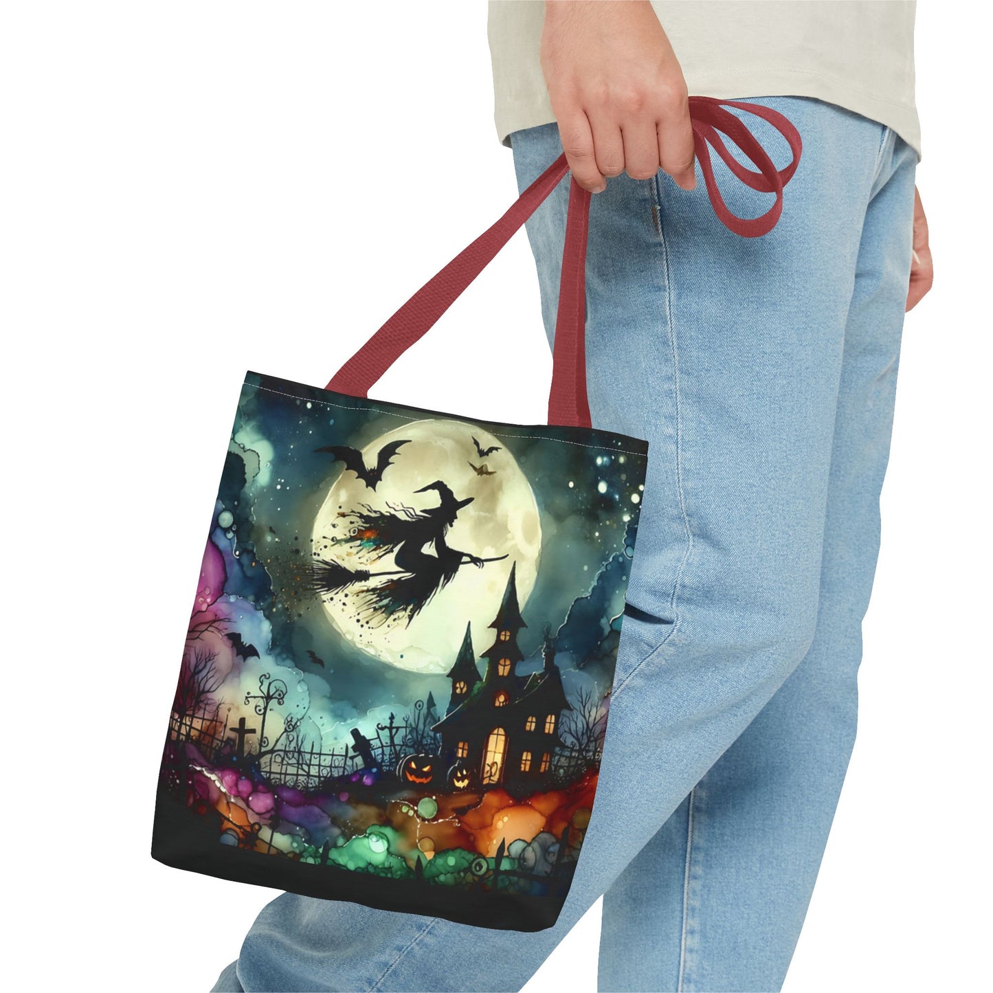 Halloween - Tote Bag (AOP) - Witch In A Full Moon - Black