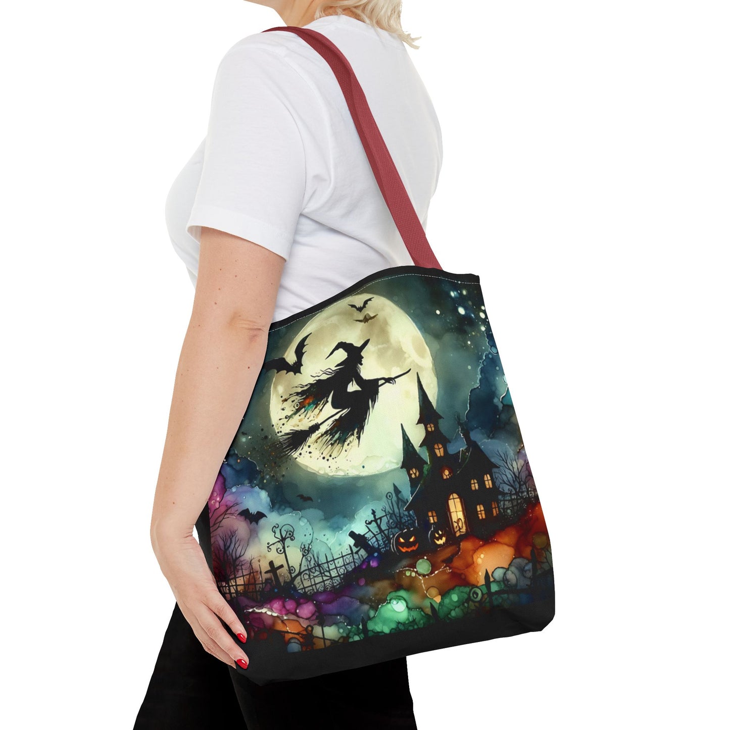 Halloween - Tote Bag (AOP) - Witch In A Full Moon - Black