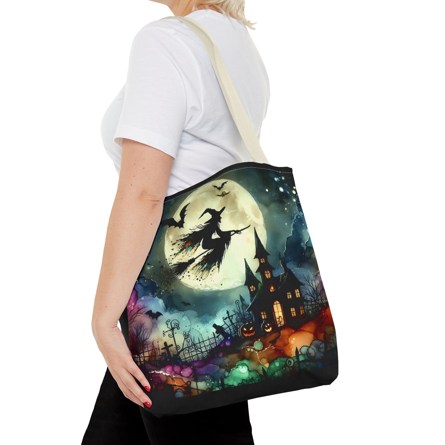 Halloween - Tote Bag (AOP) - Witch In A Full Moon - Black