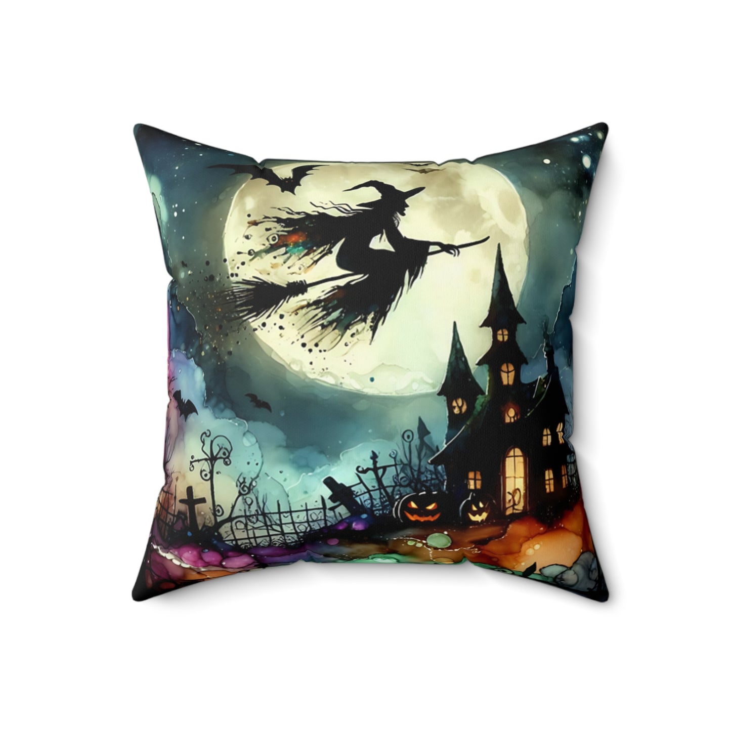 Halloween - Spun Polyester Square Pillow - Witch In A Full Moon