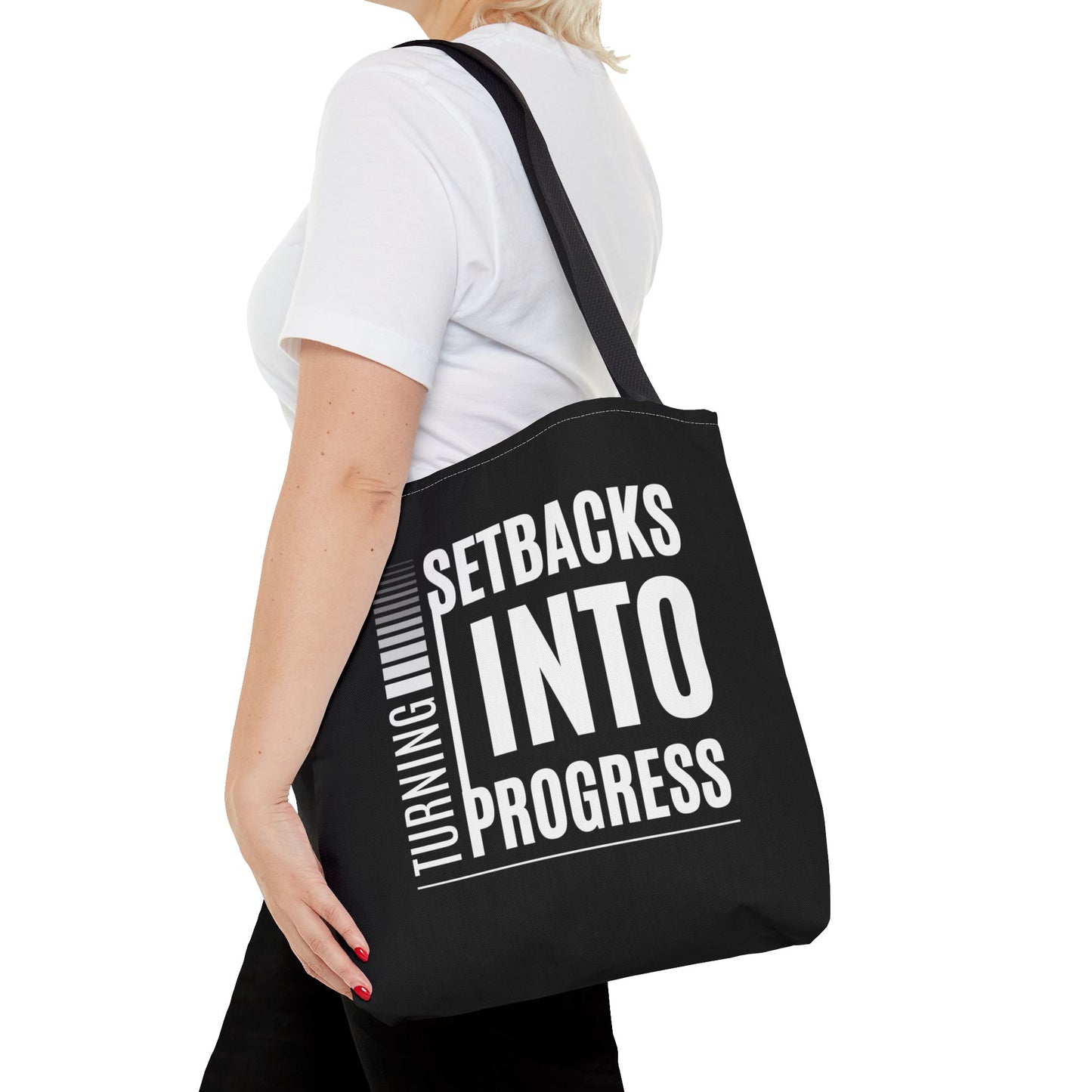 Tote Bag (AOP) - Turning Set Backs Into Progress - Black