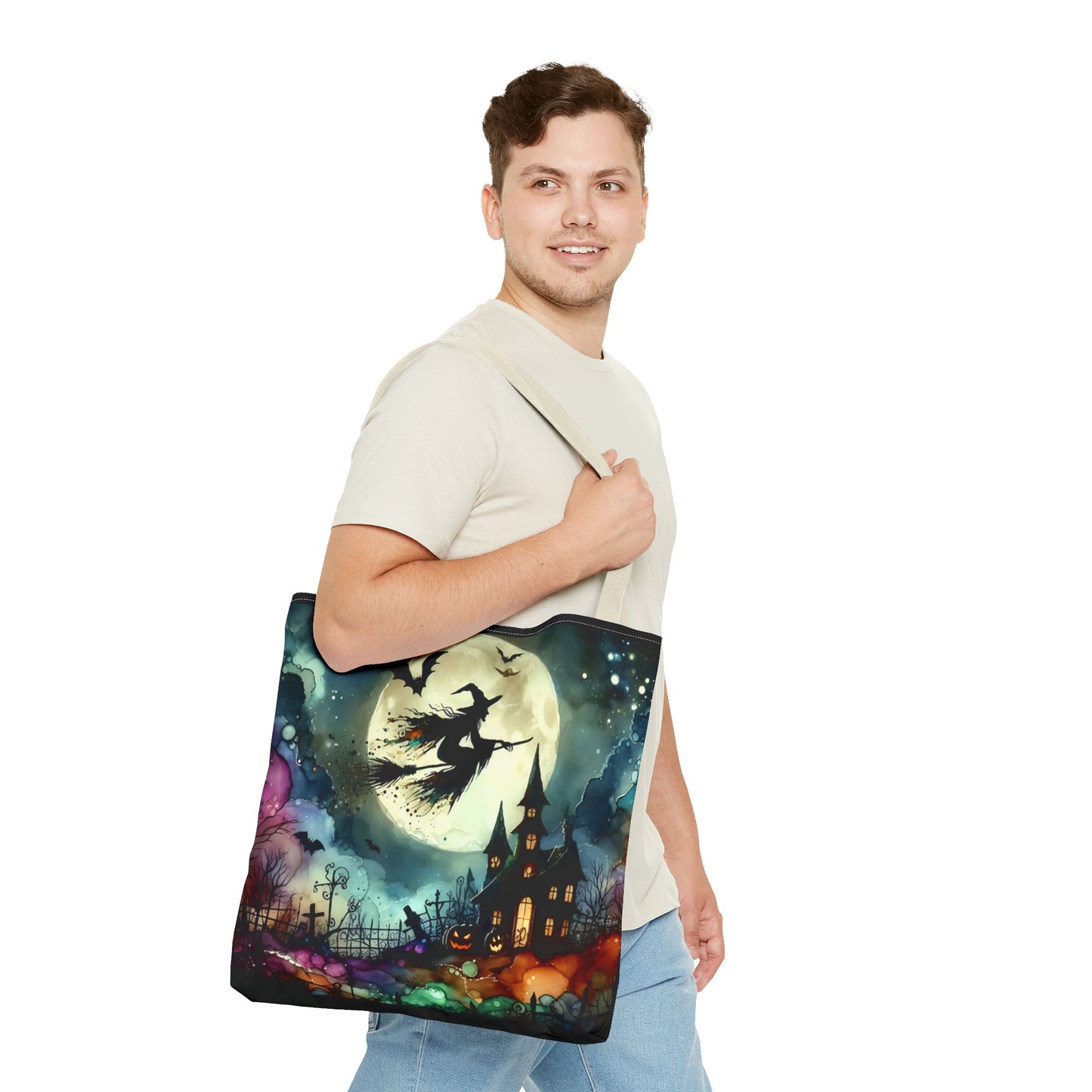 Halloween - Tote Bag (AOP) - Witch In A Full Moon - Black