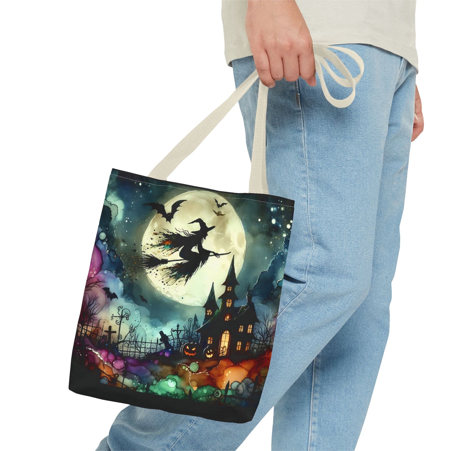 Halloween - Tote Bag (AOP) - Witch In A Full Moon - Black