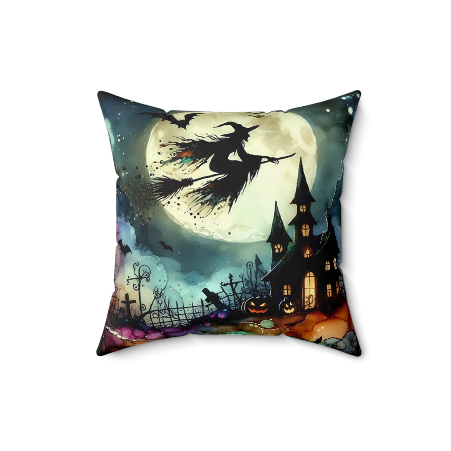 Halloween - Spun Polyester Square Pillow - Witch In A Full Moon