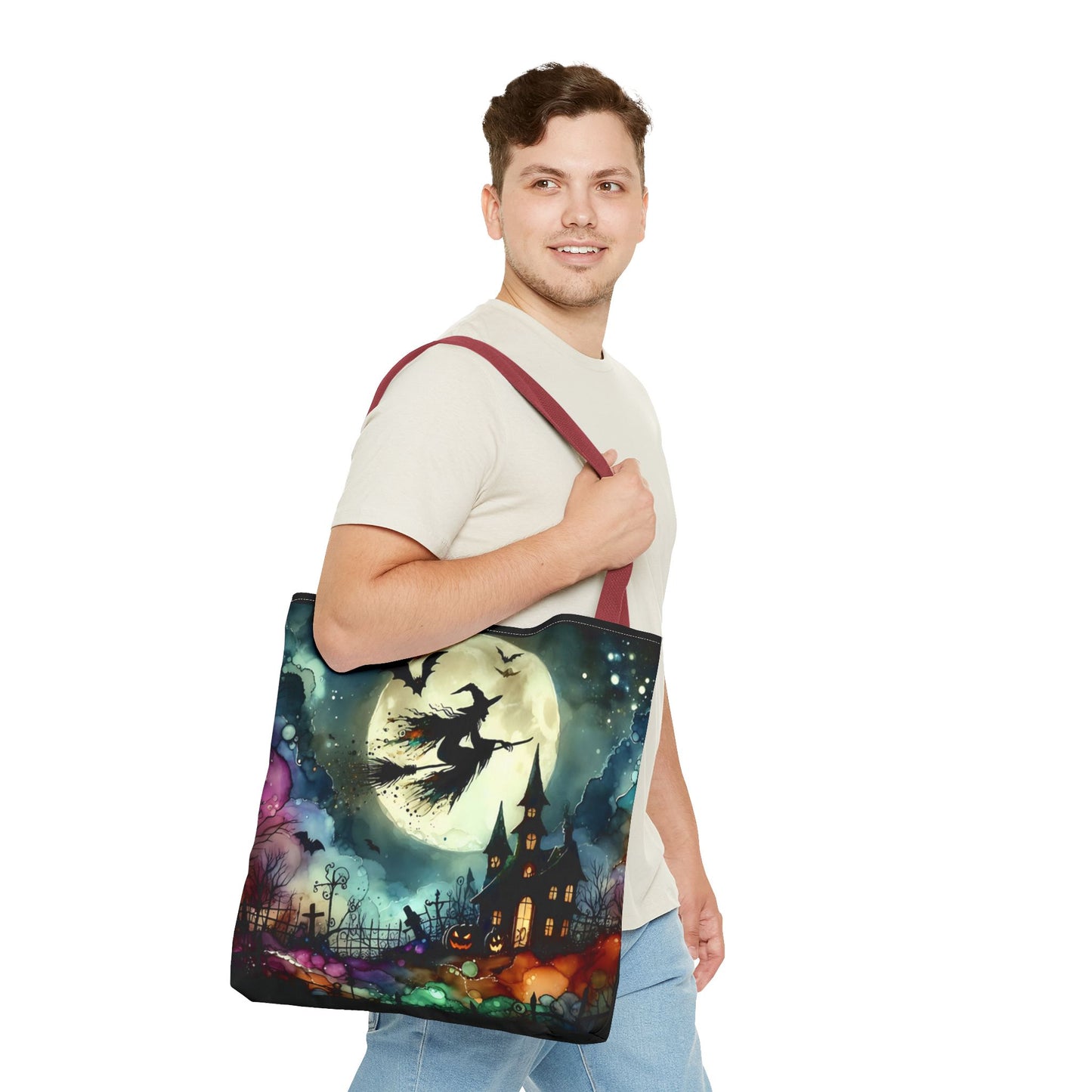 Halloween - Tote Bag (AOP) - Witch In A Full Moon - Black