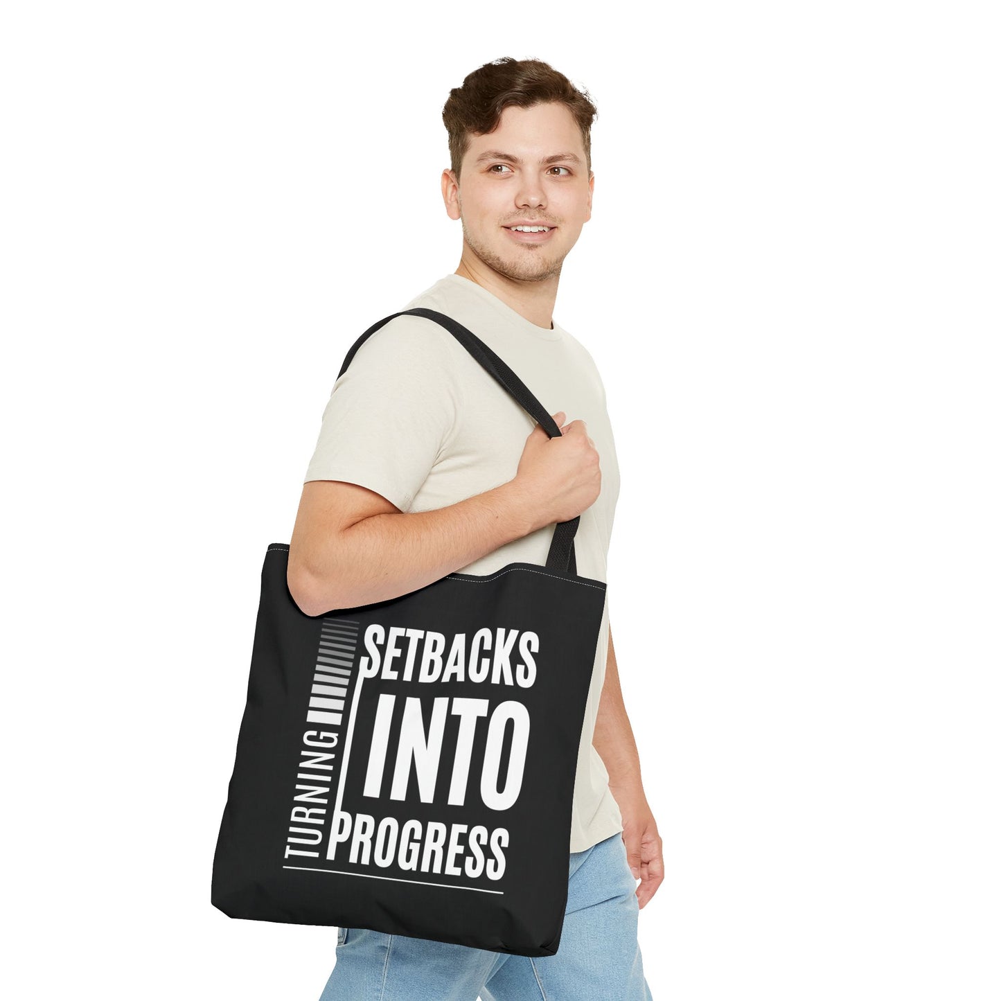 Tote Bag (AOP) - Turning Set Backs Into Progress - Black