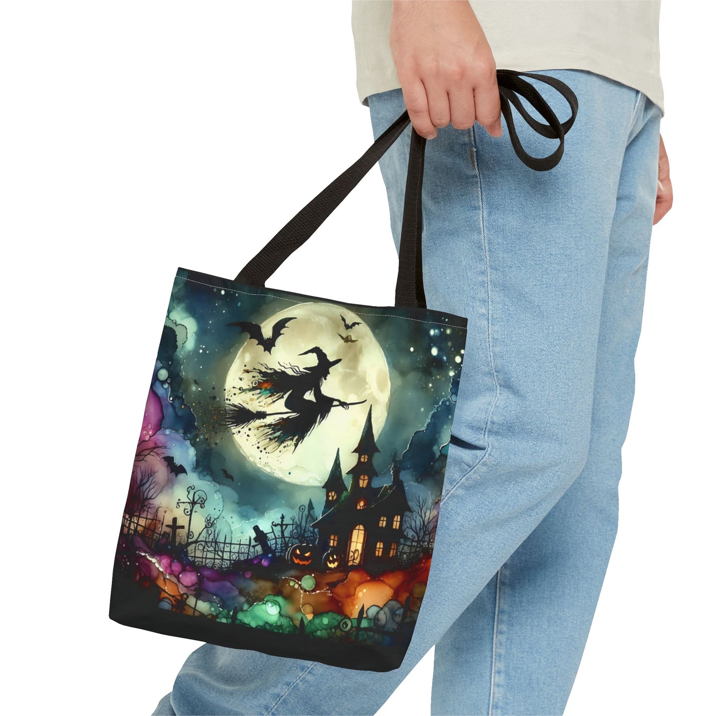 Halloween - Tote Bag (AOP) - Witch In A Full Moon - Black