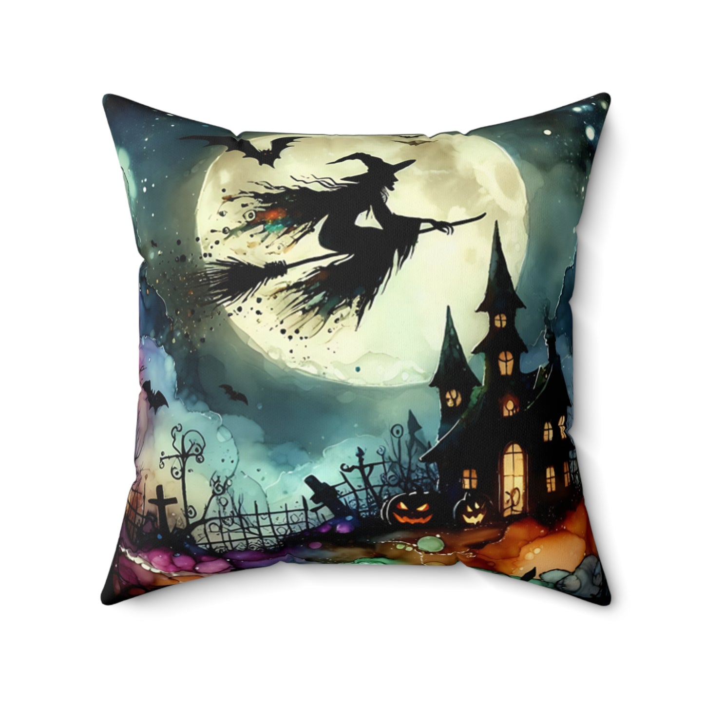 Halloween - Spun Polyester Square Pillow - Witch In A Full Moon