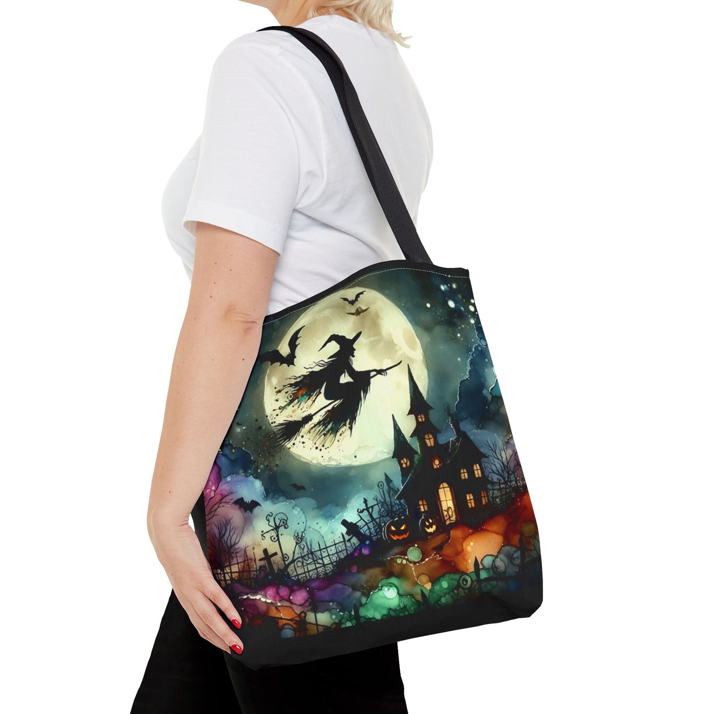 Halloween - Tote Bag (AOP) - Witch In A Full Moon - Black