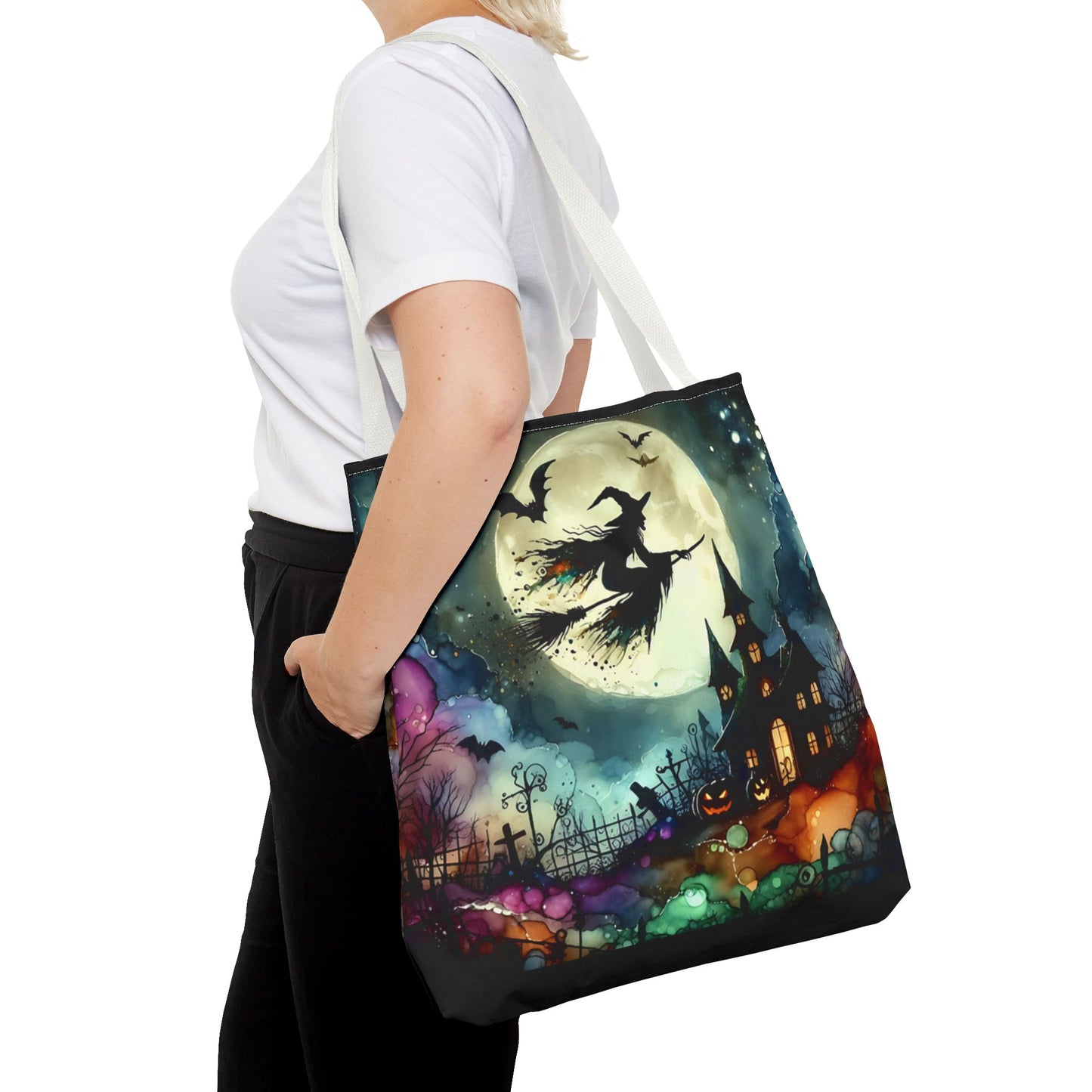 Halloween - Tote Bag (AOP) - Witch In A Full Moon - Black