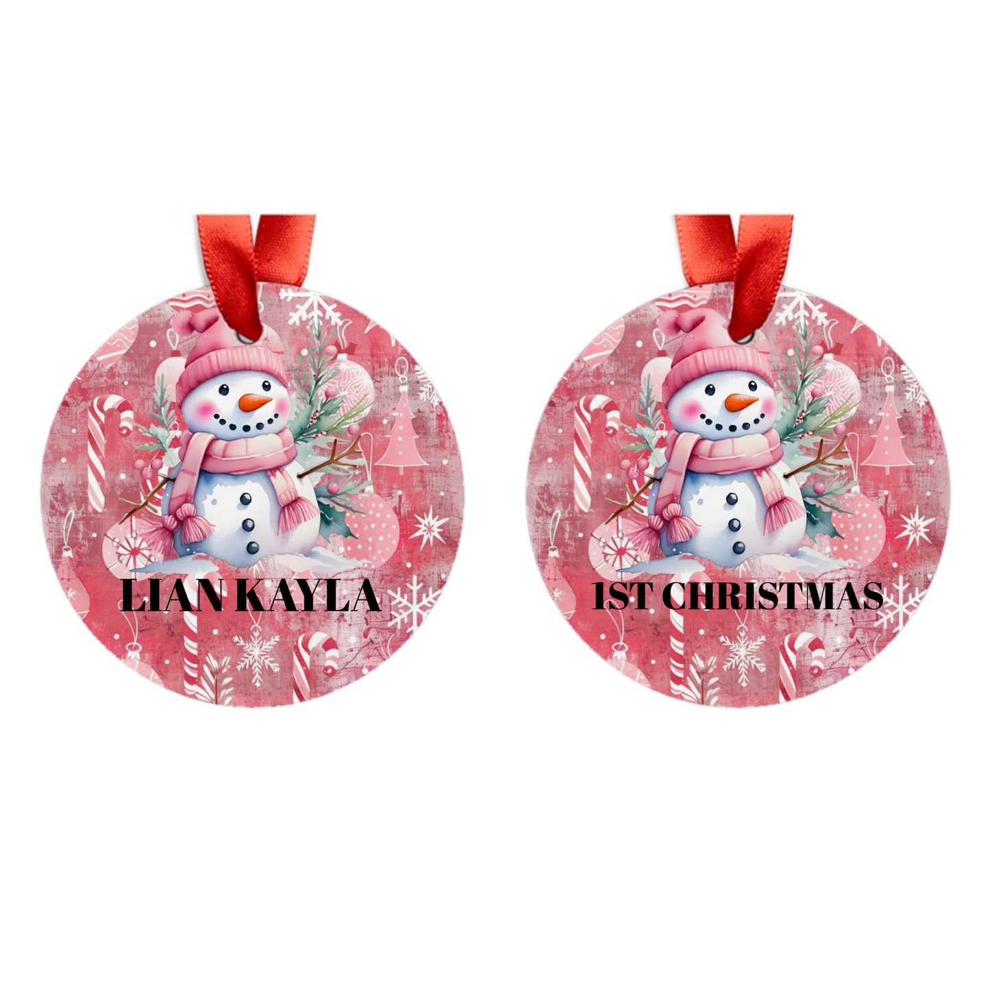 CUSTOMIZED - Acrylic Ornament with Ribbon - PINK CHRISTMAS SNOWMAN