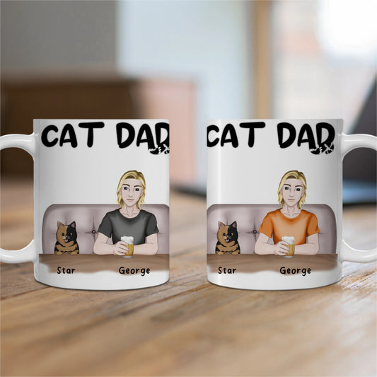 Customized Ceramic Mug, (11oz, 15oz) - Cat Dad At The Bar