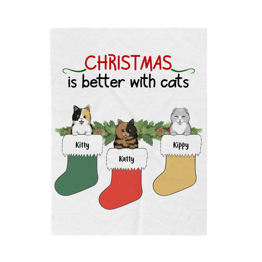 Customized Velveteen Plush Blanket - Christmas Is Better With Cat