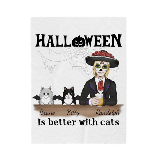 Customized Velveteen Plush Blanket - Halloween Is Better With Cat